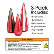 Three decorative tree cones with red, green, and white stripes, accompanied by product details and a warning label. Warning! WARNING! Ingestion Hazard: This product contains a button cell or coin battery. Death or serious injury can occur if ingested. A swallowed button cell or coin battery can cause internal chemical burns in a s little as 2 hours. Keep new & used batteries out of reach of children. Seek immediate medical attention if a battery is suspected to be swallowed or inserted inside any part of th